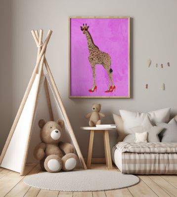Giraffe wearing heels and heart glasses pink