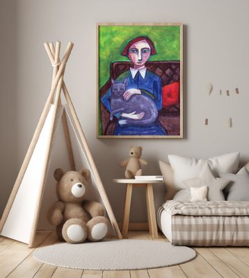 Lady on Couch with cat