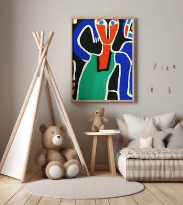 Stylized Figure With A Red Face And Blue Eyes