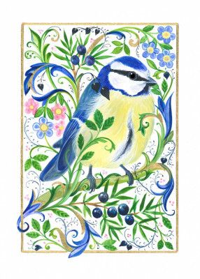 Colorful Bluetit Bird with Floral Pattern