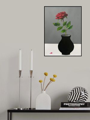 Red Rose in a Black Vase - Red Rose Painting – Scandinavian-Japanese Minimalist Floral Art in Black Vase for Serene Home, Office or Gift Interior - 008