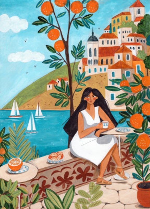 Travel poster woman in Mediterranean coast