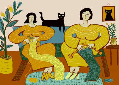 Women knitting on couch with black cat
