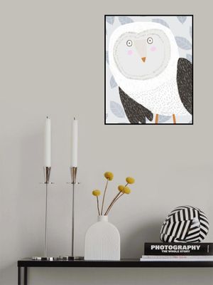 Funny Winter Owl with Grey Leaf Pattern by Artist Carla Daly