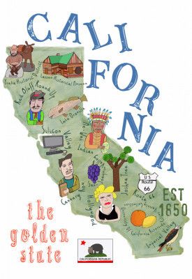 Illustrated Map of California with State Icons by Carla Daly