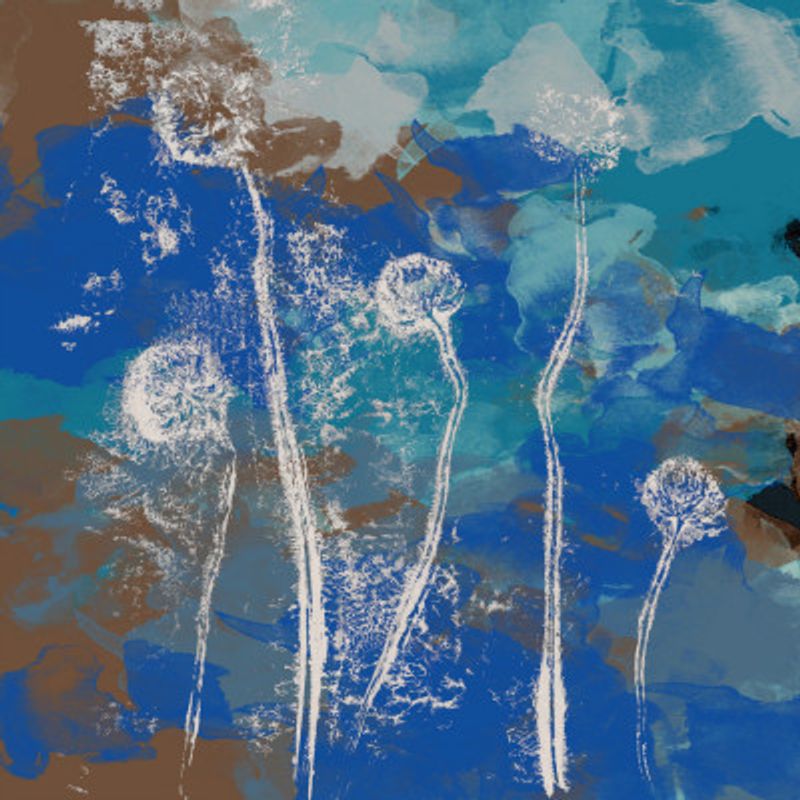 Abstract Flowers. White clovers on blue, turquoise, brown.