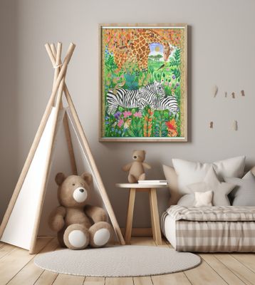 Giraffe and Zebras Amidst Vibrant Flora and Birds