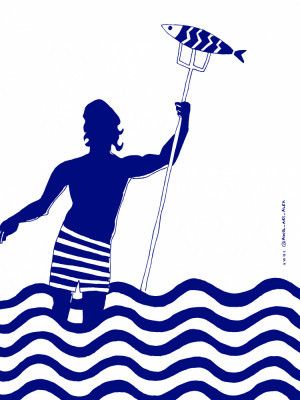 Modern Greek God Poseidon, Nautical Beach Art Print With Man Fishing In The Sea