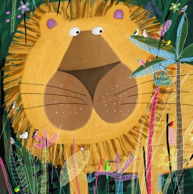Large Lion Peeks Out of the Jungle Foliage by Artist Carla Daly