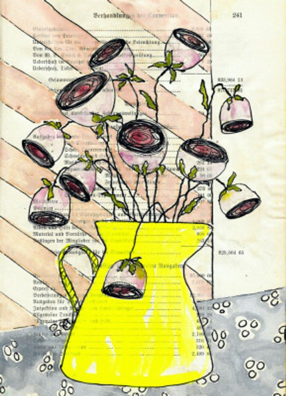 Jug with roses in front of striped wallpaper