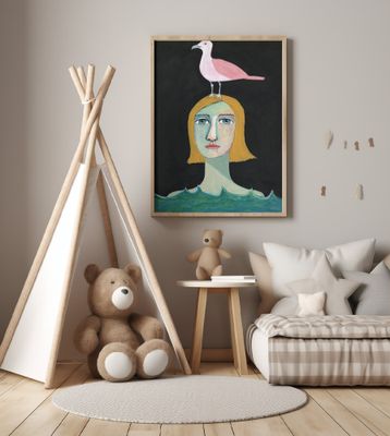 Swimming Girl with Pink Seagull