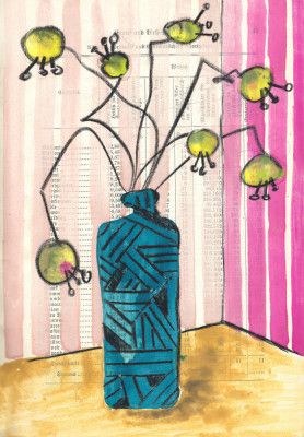 Hand-painted crazy flowers in a vase midcentury still life