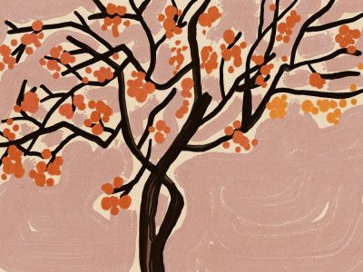 Stylized Tree With Vibrant Orange Blossoms Against
