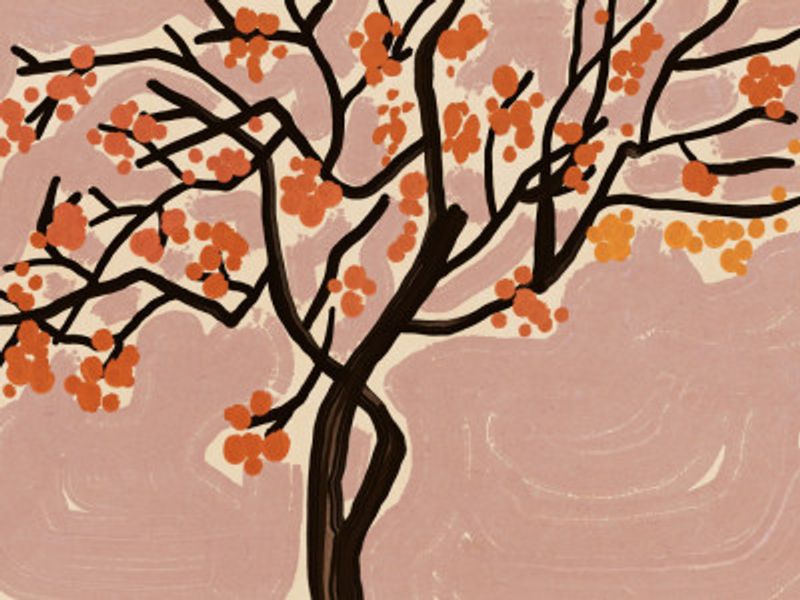 Stylized Tree With Vibrant Orange Blossoms Against