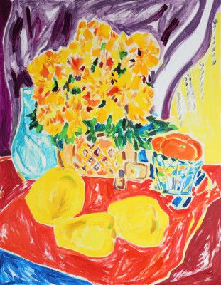 Quinces, Chrysanthemums In A Tortoise Shaped Pot And Mandarins, Tamara Jare, oil on canvas