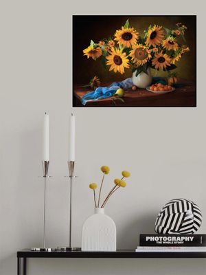 Still life with sunflowers and yellow plums
