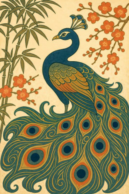 Ukiyo E Style Japanese Peacock With Bamboo and Blossom