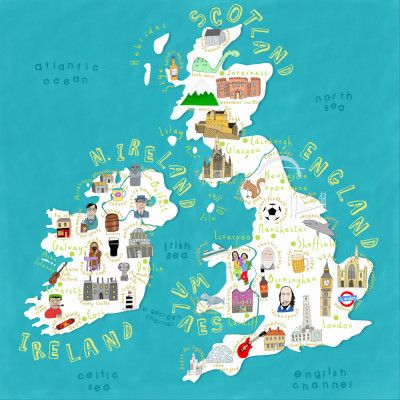 Map of UK and Ireland with Country Icons by Artist Carla Daly