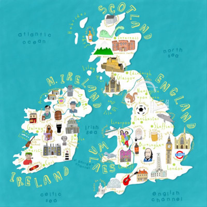 Map of UK and Ireland with Country Icons by Artist Carla Daly