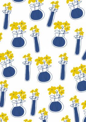 Blue Vases With Minimalist Yellow Flowers