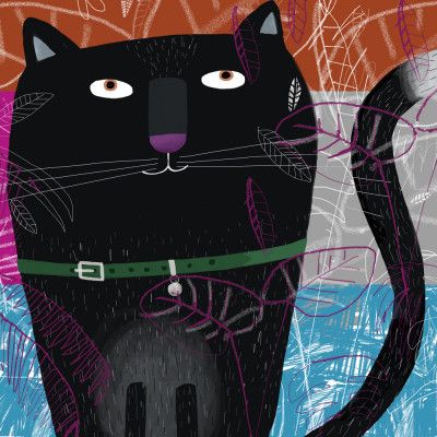 Black Cat with Falling Autumnal Leaves by Artist Carla