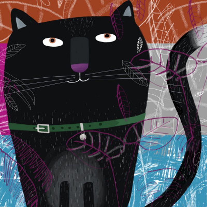 Black Cat with Falling Autumnal Leaves by Artist Carla