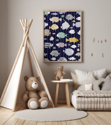 Fresh fish on dark navy blue pattern