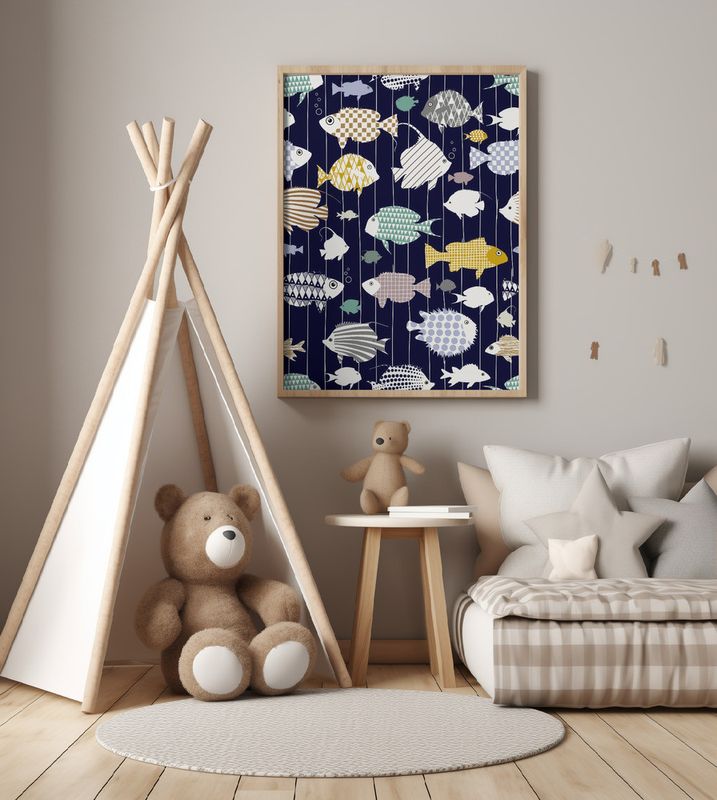 Fresh fish on dark navy blue pattern