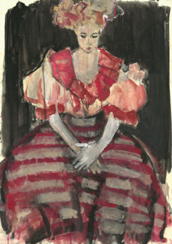 Woman in a Flowing Red Stripes Dress