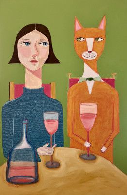 Lady and Cat Drinking Wine
