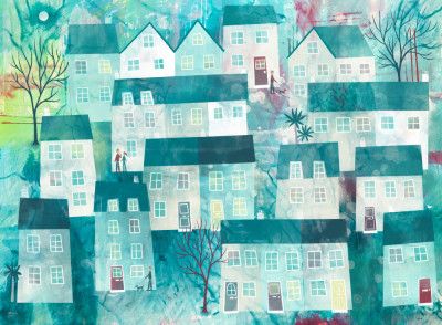 Whimsical Village Scene With Stylized Houses