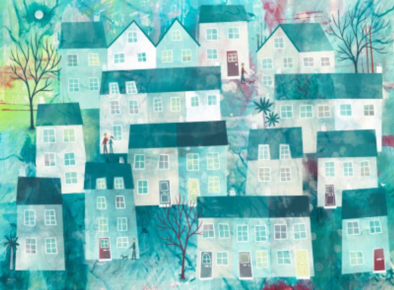 Whimsical Village Scene With Stylized Houses