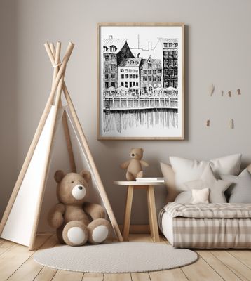 Copenhagen Art Print, Denmark Travel Illustration With Cafés On The Water