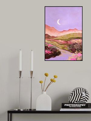 Lilac Sky and Moon Over Flowery Pink Green Fields Landscape
