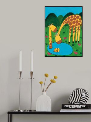 Mommy with Baby Giraffe in a Watering Hole by Artist Carla Daly