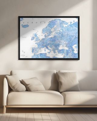 Light blue watercolor detailed map of Europe