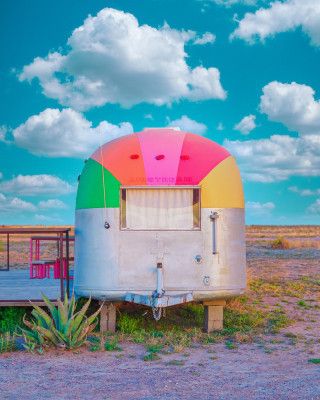Vintage Camper Trailer With Rainbow Top