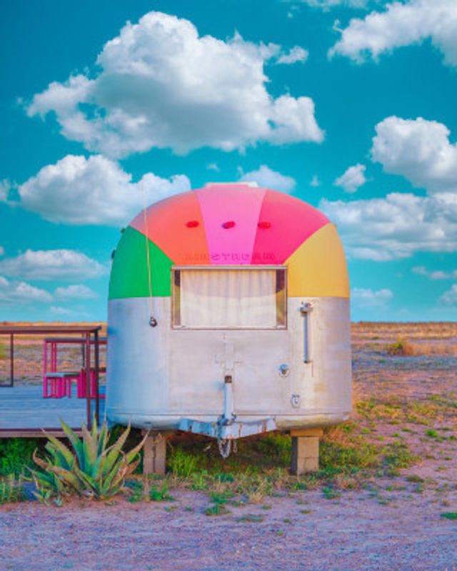 Vintage Camper Trailer With Rainbow Top