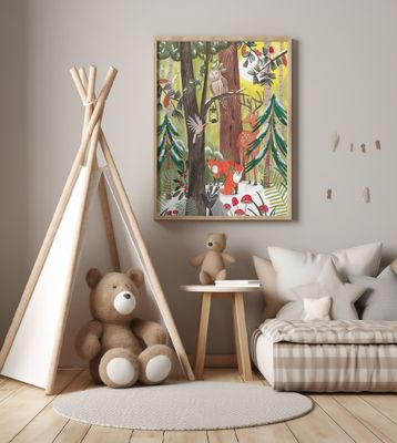 Green Christmas forest with animals