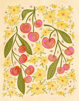 Red Cherries And Yellow Flowers