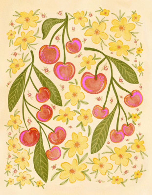 Red Cherries And Yellow Flowers