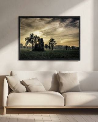 Old abandoned house covered by vegetation at sunset