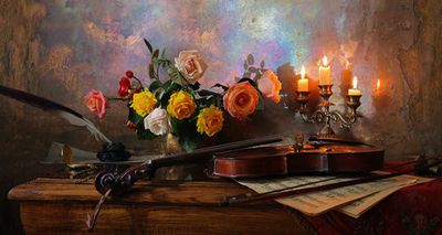 Still life with violin and flowers