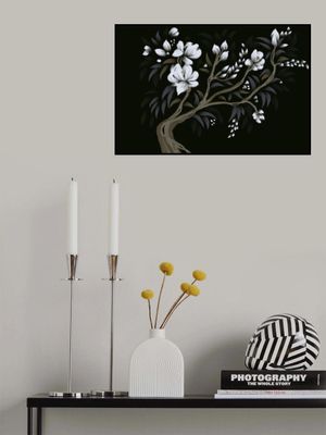 Chinoiserie White Blossom Tree with Elegant Gold Leaves on Blue Background
