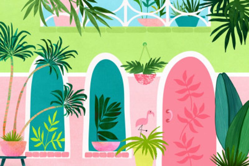 Garden Scene with Lush Green Plants Colorful Pots and a Flamingo