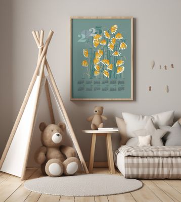 calendar 2025 Linocut flowers green