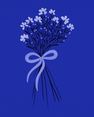 Floral Bouquet With Bow - monochrome blue