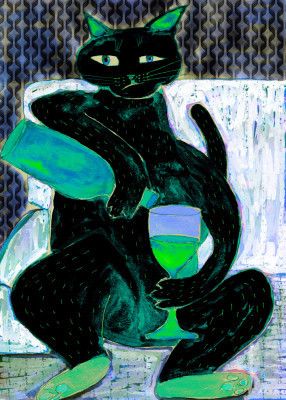Big black cat drinking wine