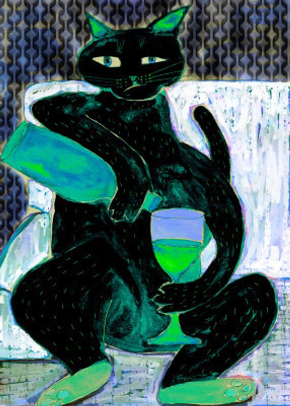 Big black cat drinking wine