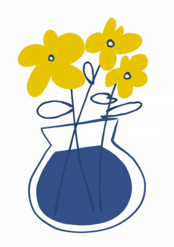 Blue Vases With Minimalist Yellow Flowers